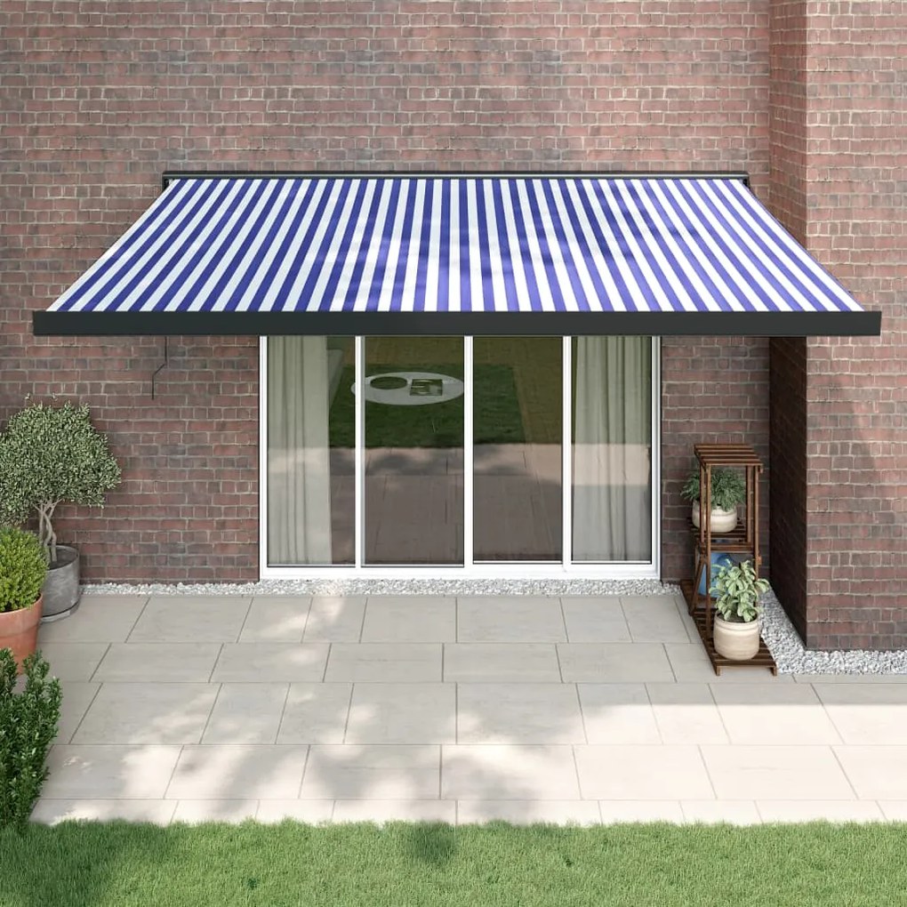 vidaXL Toldo retrátil 4x3 m tecido e alumínio azul e branco