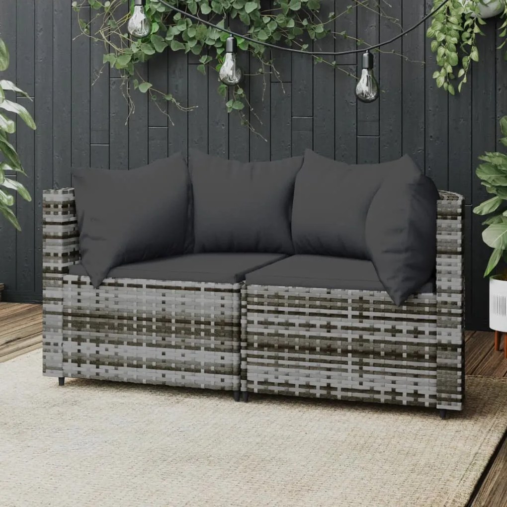 vidaXL Sofás de canto p/ jardim c/ almofadões 2 pcs vime PE cinzento