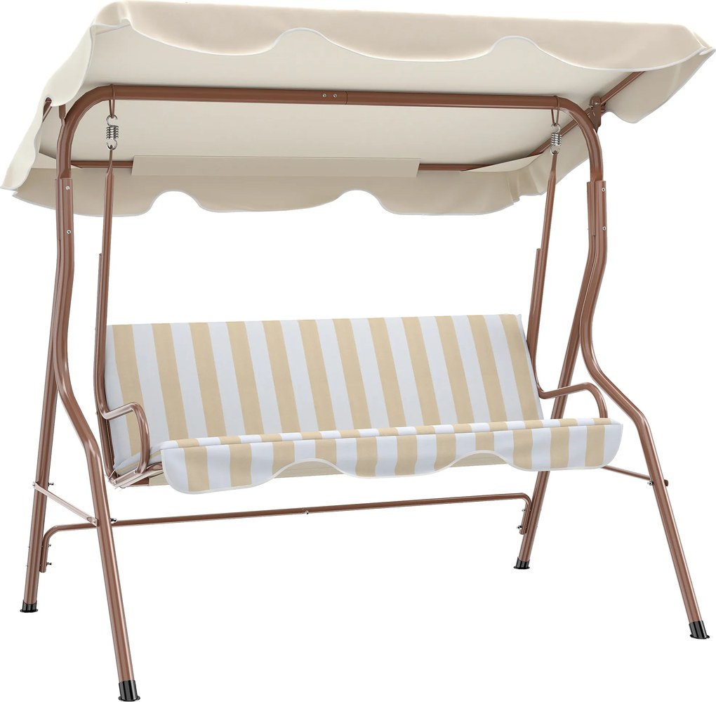 Outsunny Balanço de Jardim 3 Lugares Teto impermeabilizado Inclinação ajustável Almofadas Assento Encosto castanho, creme riscado | Aosom Portugal