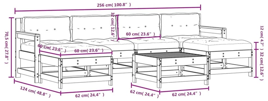 7pcs conj. lounge jardim+almofadões madeira maciça castanho-mel