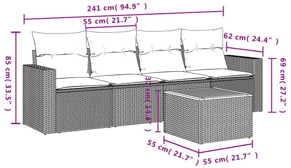 5 pcs conjunto sofás p/ jardim c/ almofadões vime PE cinzento