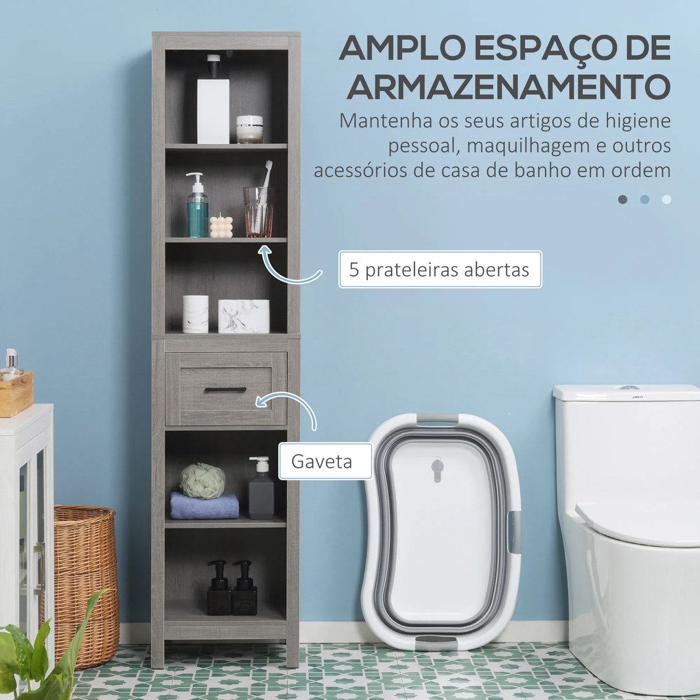 kleankin Coluna Casa de Banho com 1 Gaveta e Prateleiras Abertas Móvel Auxiliar de Armazenamento para Sala de Estar Dormitório Anti-Tombo 42x30x170cm Cinza