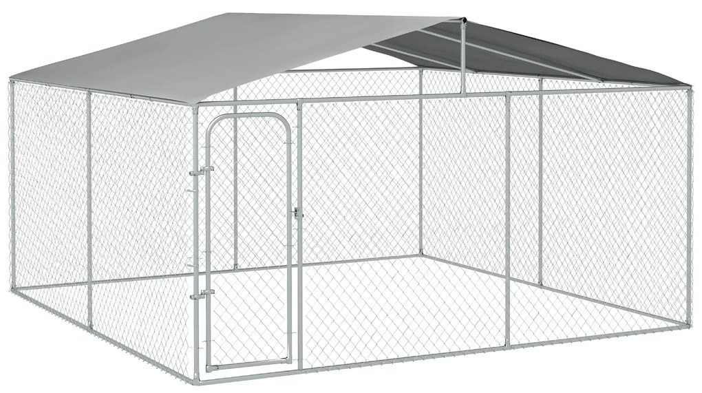 PawHut Canil de Exterior 4x4x2,3 cm com Toldo Anti-UV Recinto para Cães com Porta com Trava e Estrutura de Metal  Prata