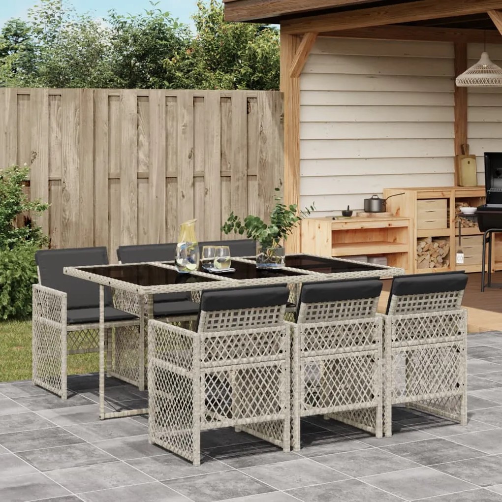 vidaXL 7 pcs conj. jantar p/ jardim c/ almofadões vime PE cinza-claro