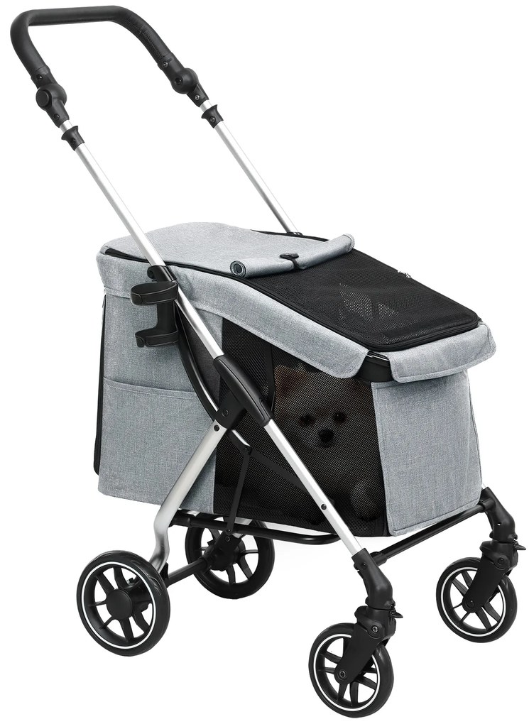 PawHut Carrinho para Cães Dobrável com Correia de Segurança Almofada Lavável e Janelas 80x48,5x106 cm Cinzento Claro