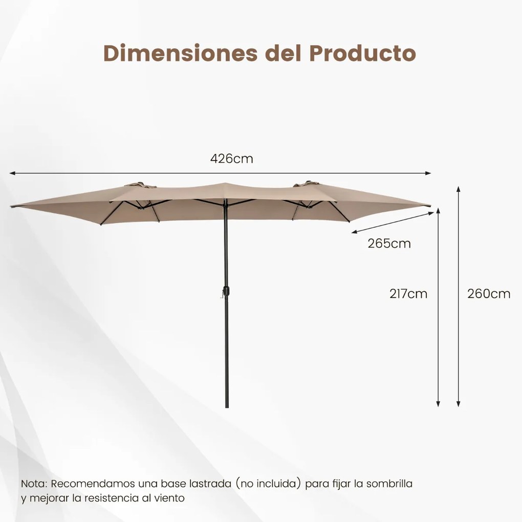 Guarda-sol Duplo 4,26 x 2,6 m com Pega Topo Ventilado Grande 10 hastes para Piscina Terraço Jardim Café