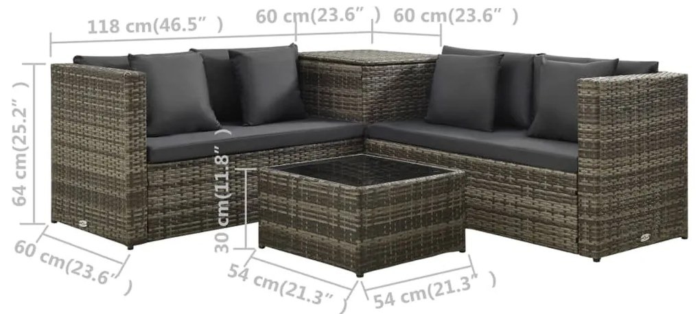 4 pcs conjunto lounge de jardim c/ almofadões vime PE cinzento