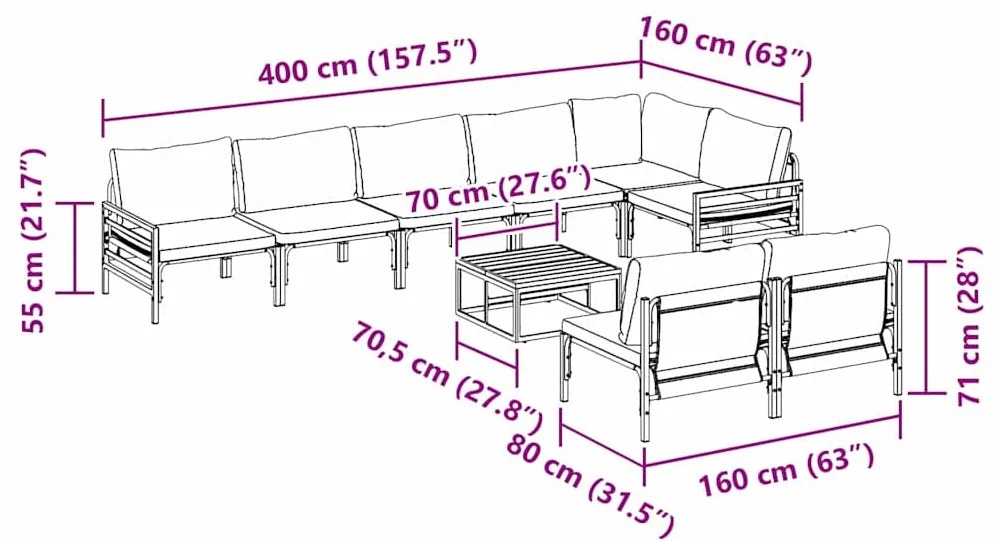 Conjunto de Sofá de Jardim 9 pcs Cinzento-escuro Aço