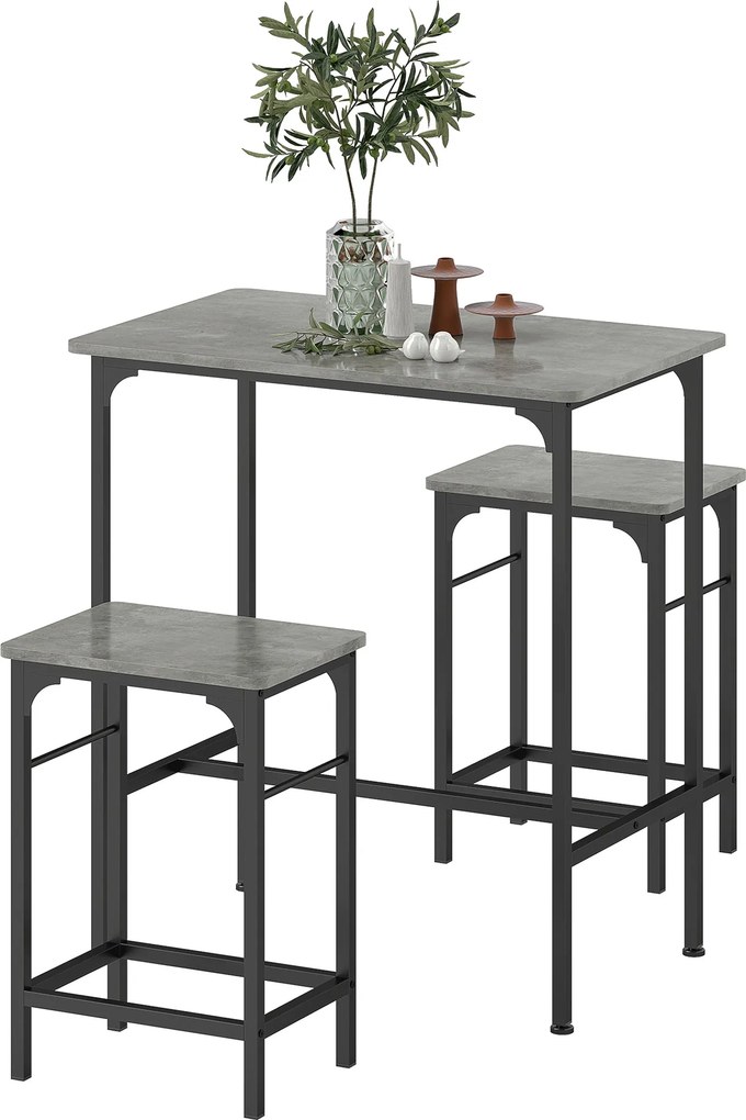 Conjunto de mesa de bar com 2 bancos, estrutura em aço para cozinha, sala de jantar e sala de estar, cinzento