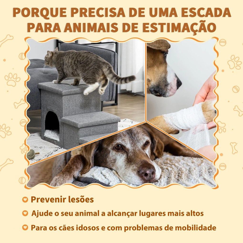 Escada para Cães Escada para Animais de Estimação de 3 Degraus com Tampas 3 Caixas de Armazenamento Caverna e Almofada Lavável para Cama Sofá 73,5x33x