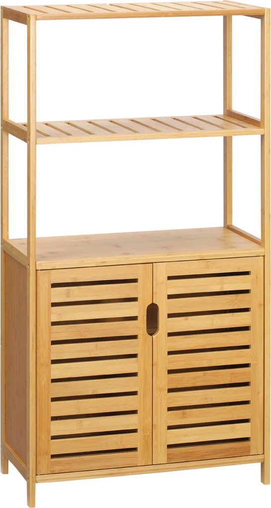 Kleankin Móvel de Casa de Banho em Bambu 2 Prateleiras Abertas e Armário com Portas 60x30x120 cm Cor Madeira | Aosom Portugal