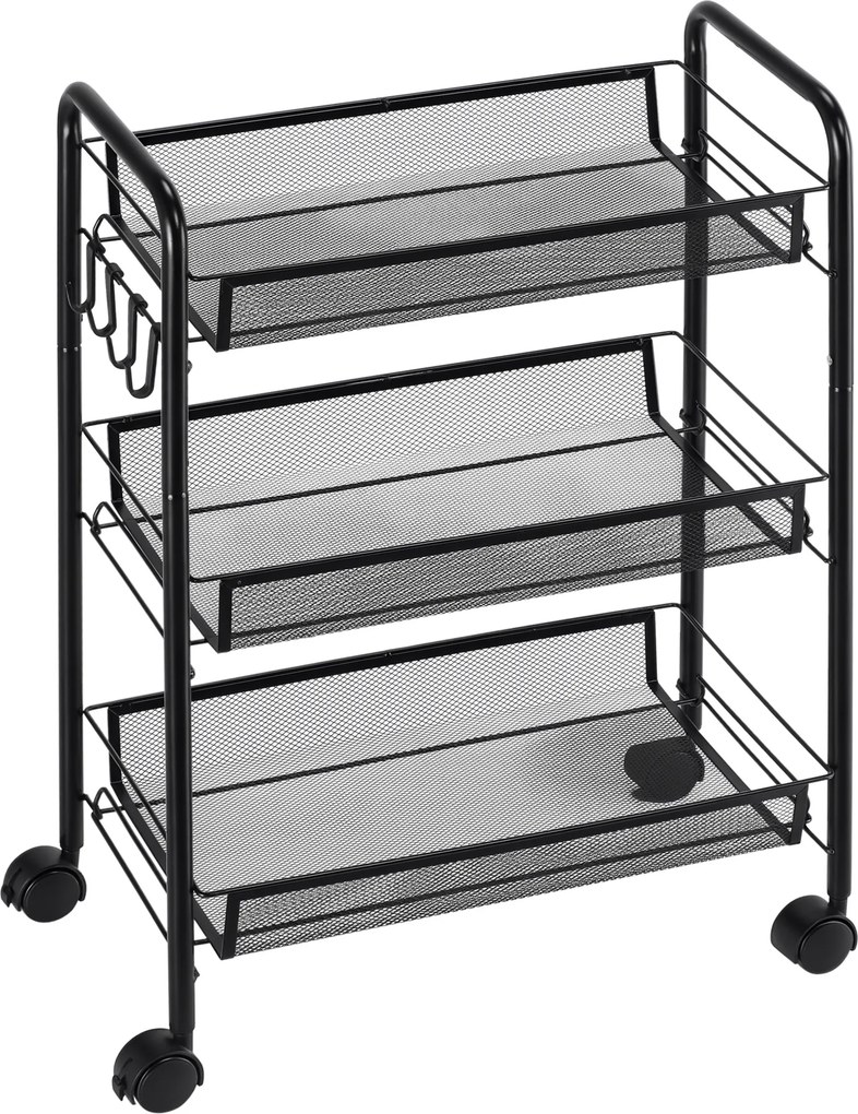 Carrinho cozinha de 3 níveis de arrumação com cestos de serviço com rodas, 45 x 26,5 x 63 cm, preto