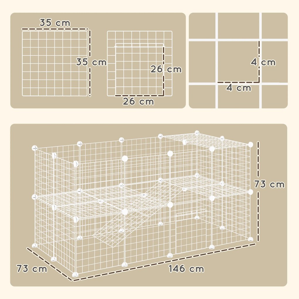 Recinto de Metal para Pequenos Animais de Estimação (ACESSORIOS NÃO INCLUIDOS) com 36 Painéis Desmontável DIY 146x73x73 cm Branco