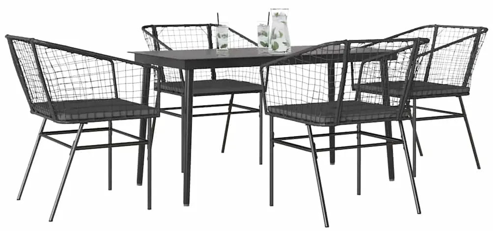 Conjunto de jantar jardim 5 peças almofadas vidro vime PE preto