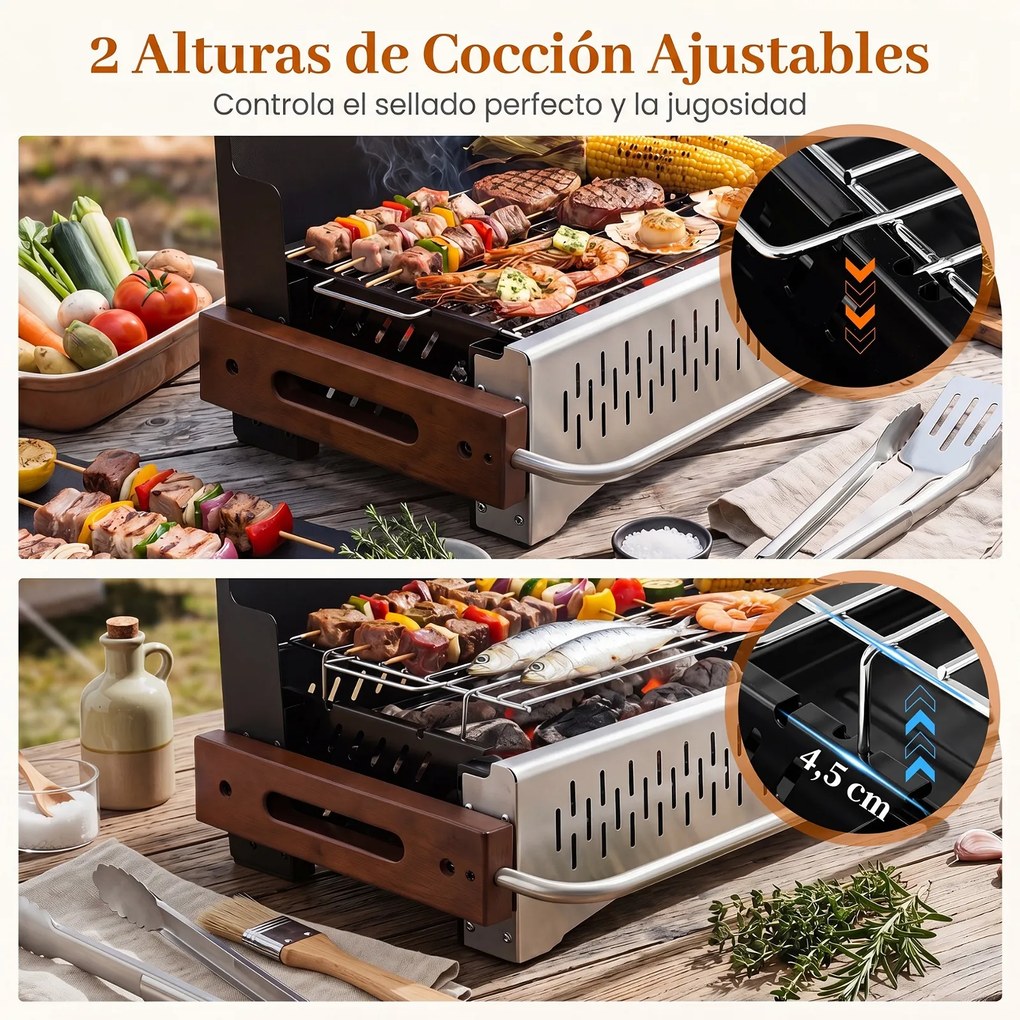 Grelhador a Carvão de Mesa Dobrável Portátil, 51 x 33,5 x 33,5 cm, Dois Níveis de Altura Reguláveis, Preto
