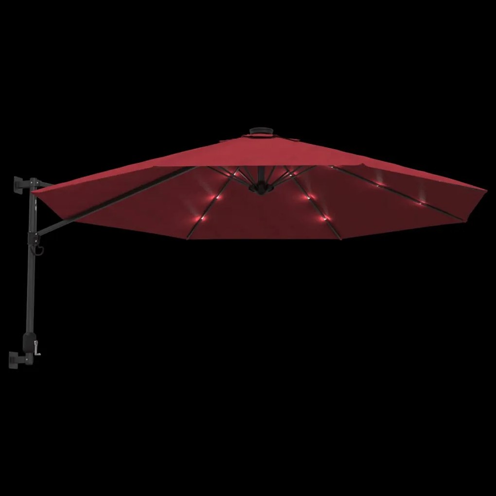 Guarda-sol de parede com luzes LED 290 cm vermelho brilhante