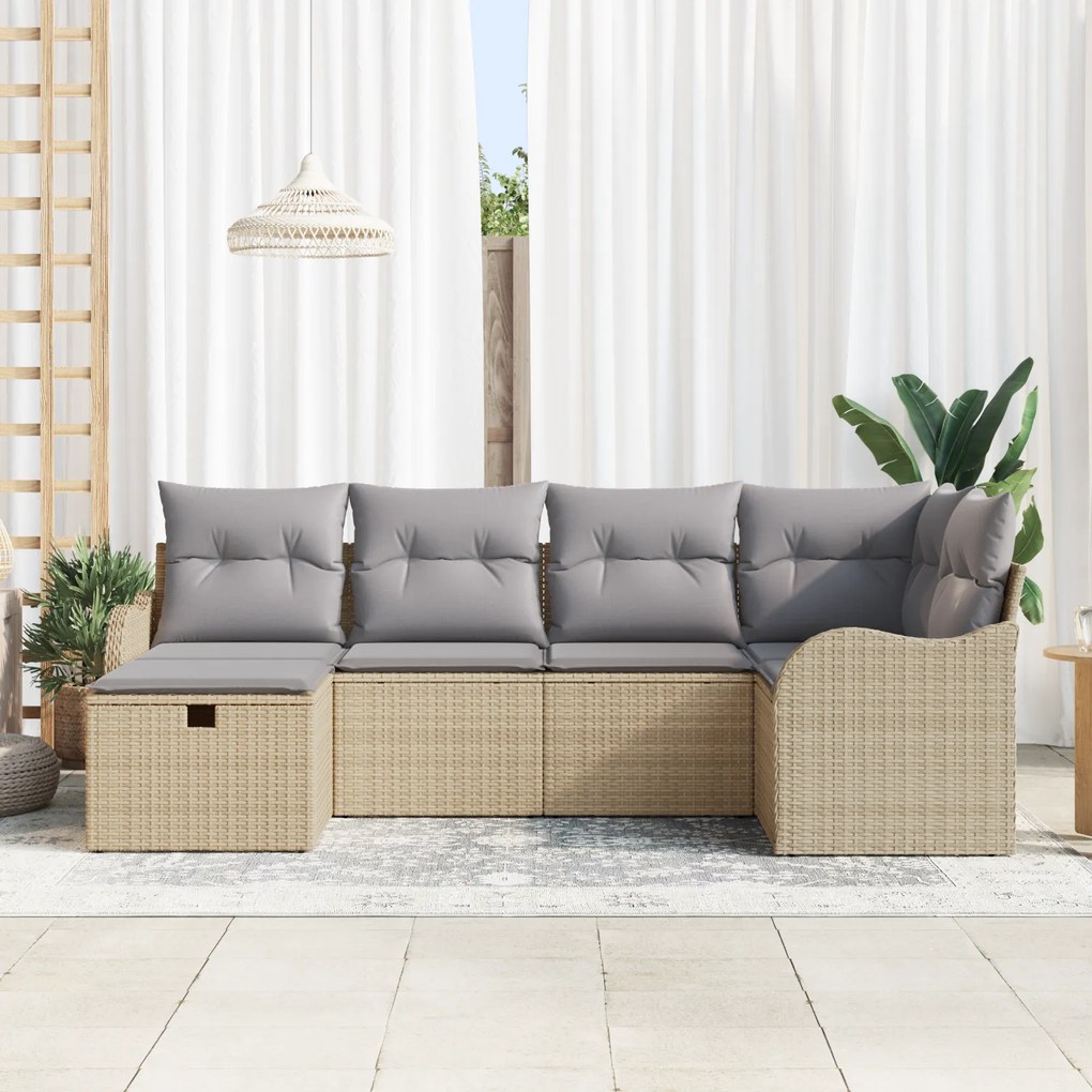 Conjunto de Sofá Jardim vidaXL 6 Peças com Almofadas Bege em Rattan Po