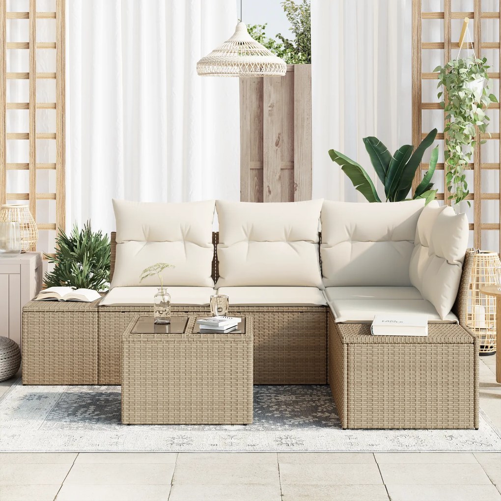 Conjunto de Sofá de Jardim de 5 Peças com Almofadas Rattan Polipropile