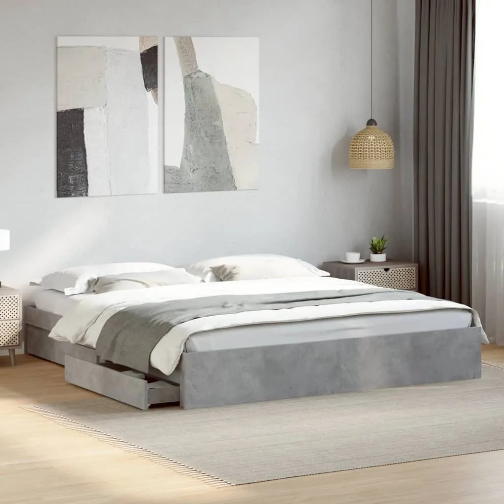 vidaXL Estrutura de cama c/ gavetas derivados de madeira cinza-cimento