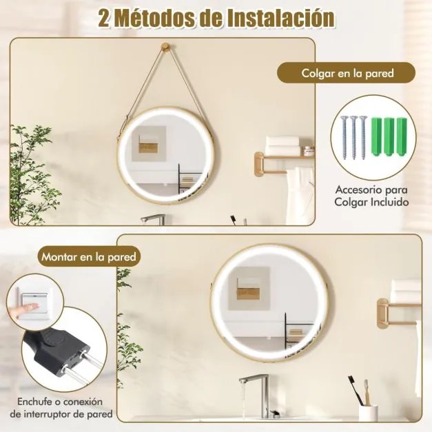 Espelho de parede casa de banho 60 x 60 cm com fita para pendurar Luz LED de 3 cores Função de memória