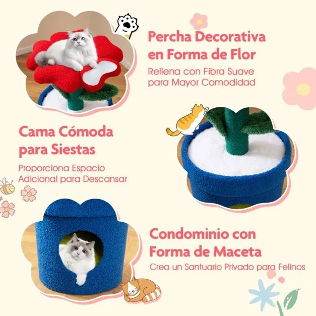 Arranhador Gatos 43 x 43 x 72,5 cm de 3 níveis com mirante superior e ama privado Poste para arranhar Centro de atividades para gatinhos Vermelho