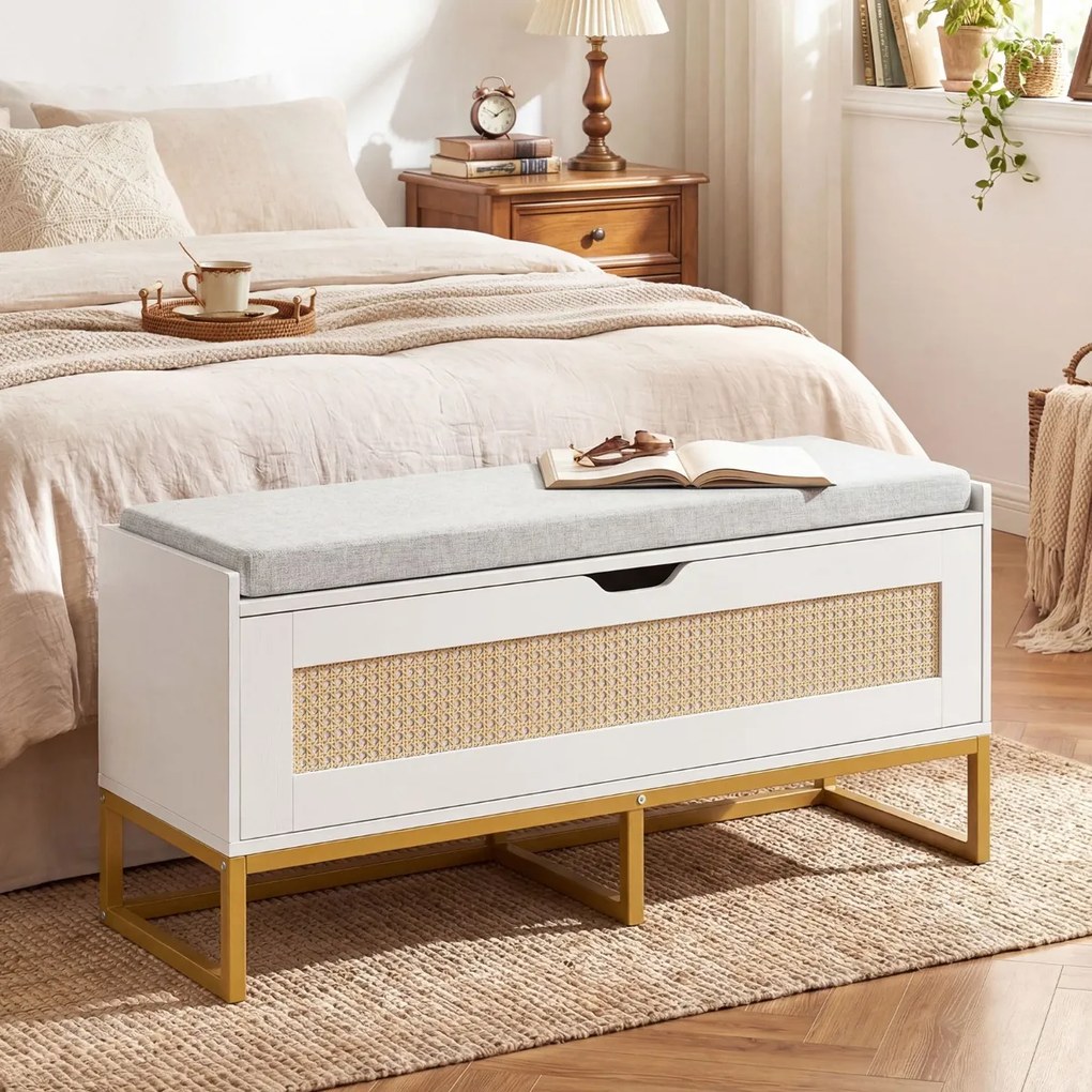 Banco com arrumação 100 x 35 x 44 cm com assento almofadado e dobradiças de segurança branco e dourado