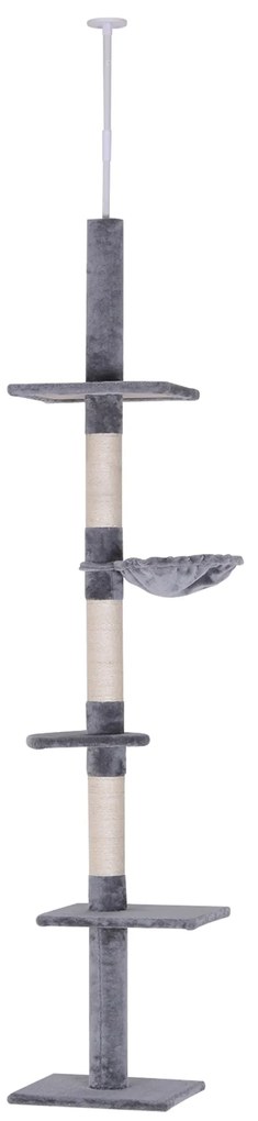 PawHut Árvore Arranhadora para Gatos Arranhador para Fixar ao Teto Altura Ajustável com Plataformas Poste de Sisal 40x34x230-260cm Cinza