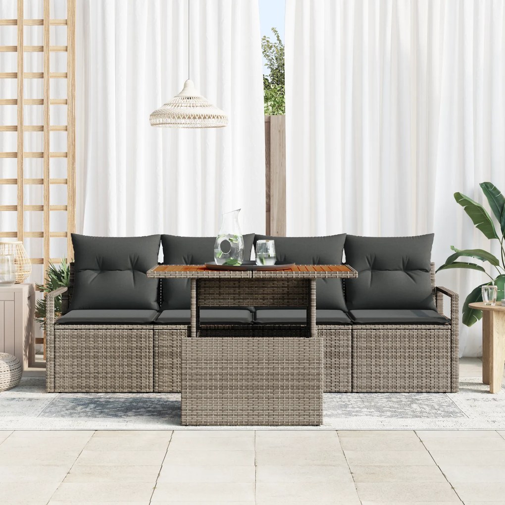 Conjunto de Sofá de Jardim com 5 Peças e Almofadas Cinza Rattan Poliet