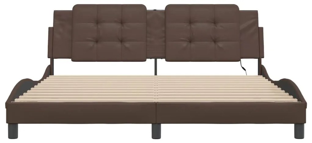 Estrutura cama c/ luzes LED 180x200cm couro artificial castanho