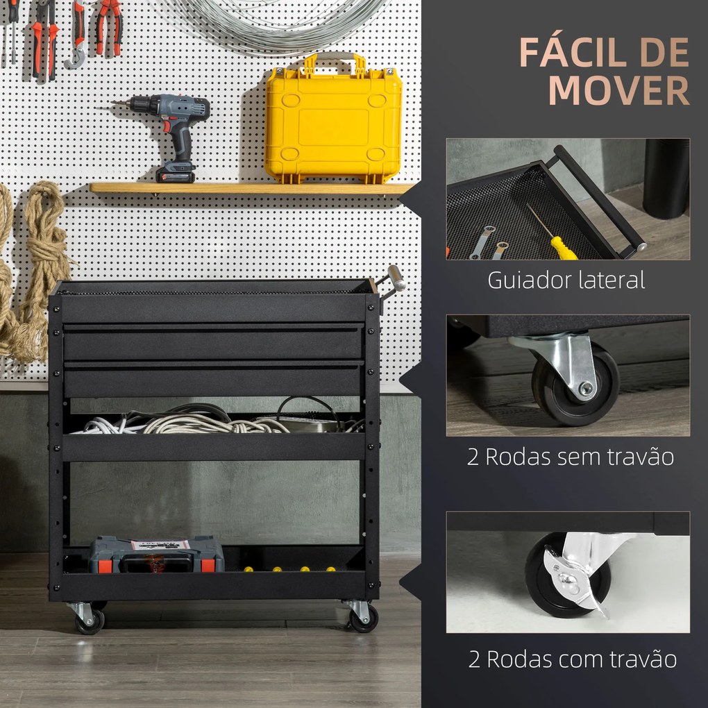 Carro de Ferramentas para Oficina com Rodas Carga 70kg Carro de Ferramentas com 2 Gavetas e 3 Prateleiras de Armazenamento para Garagem Oficina Mecâni