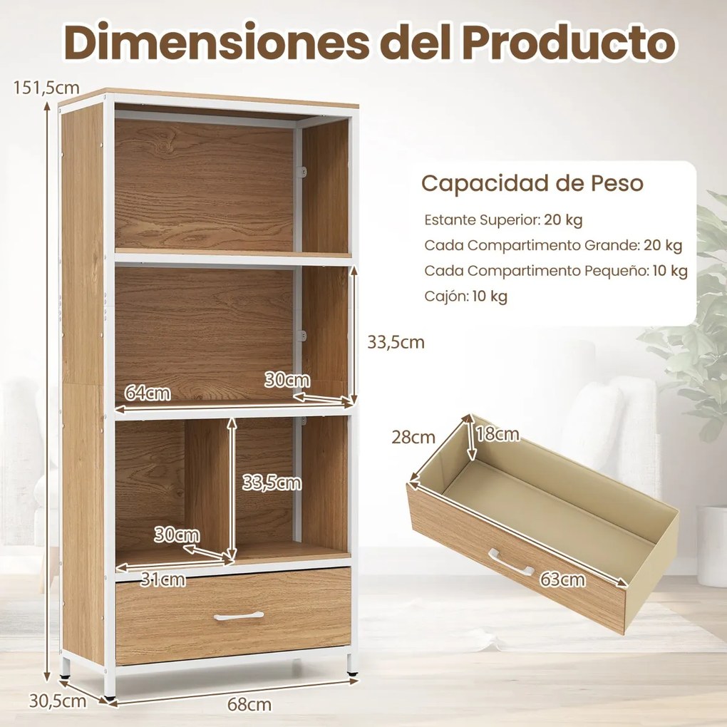 Estante de 4 níveis 68 x 30,5 x 151,5 cm com 4 compartimentos abertos e gaveta dobrável em tecido; Estrutura metálica para quarto ou escritório, em to