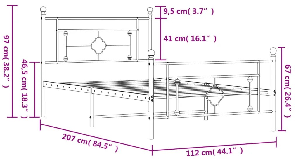 Estrutura de cama com cabeceira e pés 107x203 cm metal preto