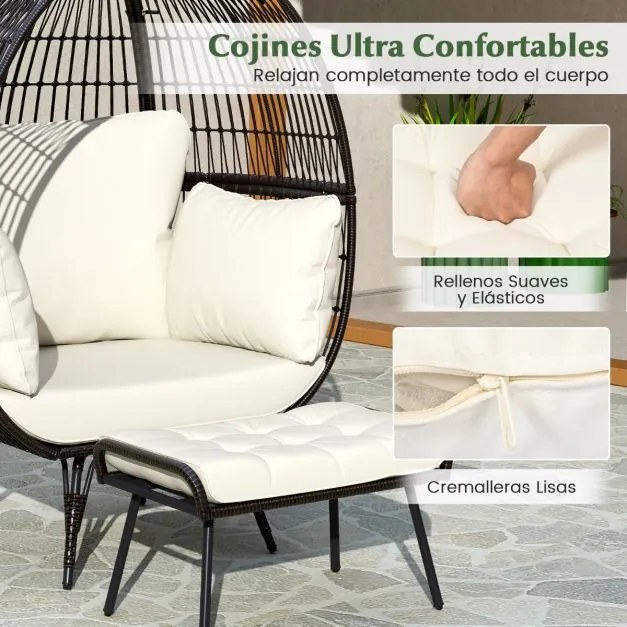 Conjunto de cadeira grande Jardim em forma de ovo com apoio para os pés em rattan PE com almofadas macias Castanho