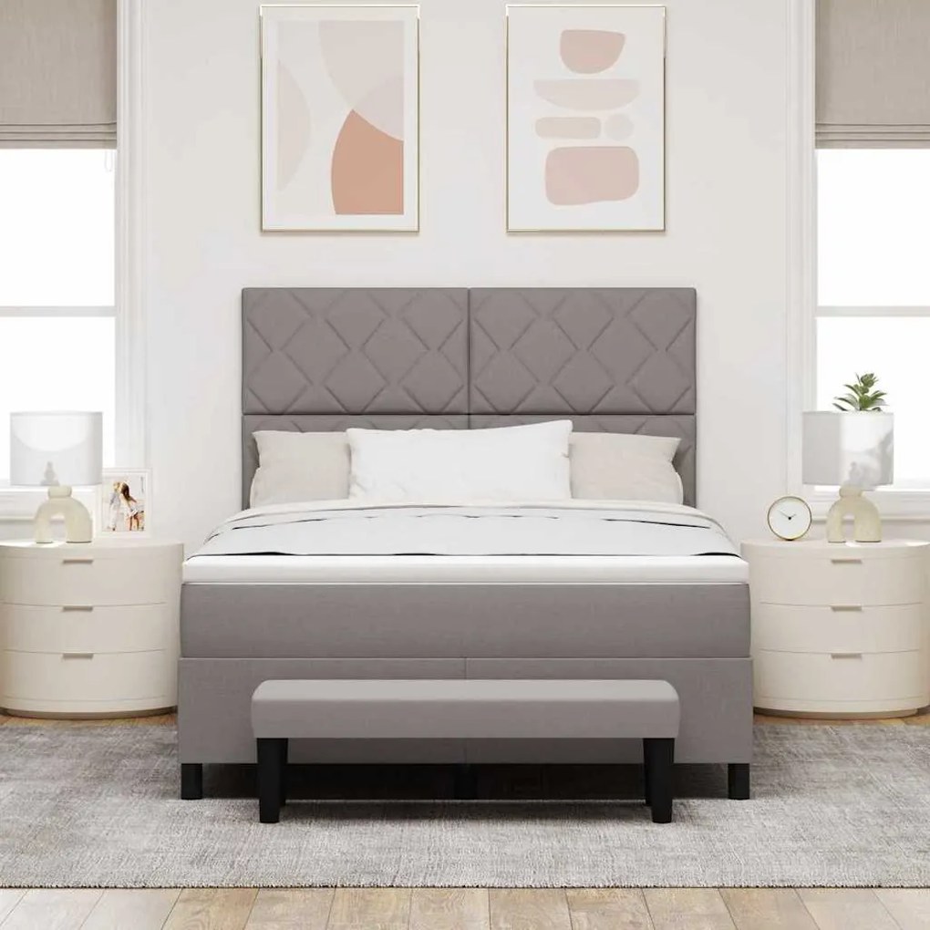 Cama Box Spring com Colchão &amp; Banco Taupe 140x200 cm Tecido