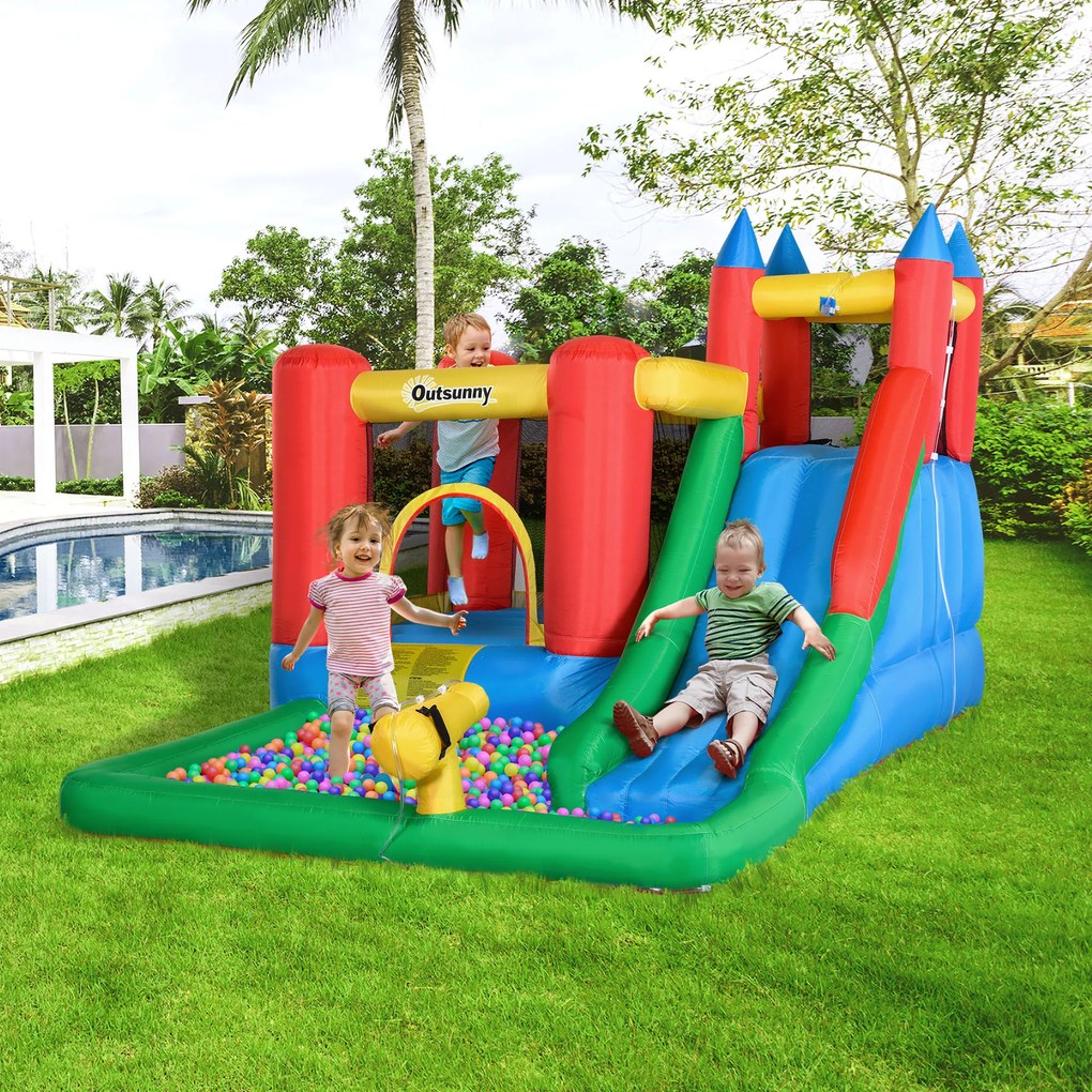 Outsunny Castelo Insuflável com Escorrega Trampolim Piscina e Pistola de Água para Crianças acima de 3 Anos com Inflador e Bolsa de Transporte para Interior Exterior 330x245x215cm Multicor