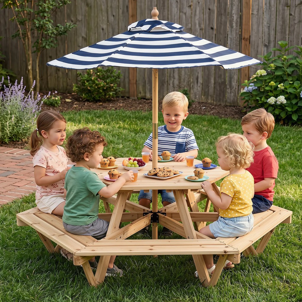Mesa de Piquenique Infantil Hexagonal com Guarda-Sol, 162 x 141 x 53 cm, 6 Bancos Integrados, Natural