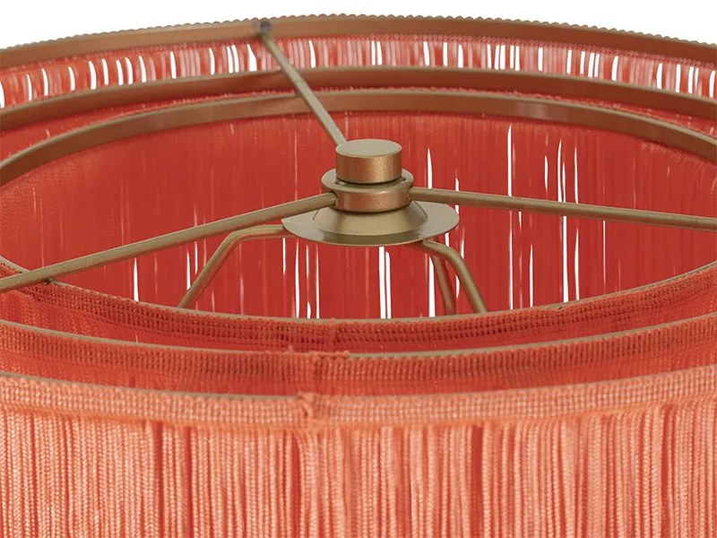 Candeeiro de pé oriental dourado com cúpula cor-de-rosa com franjas - Franxa Oriental