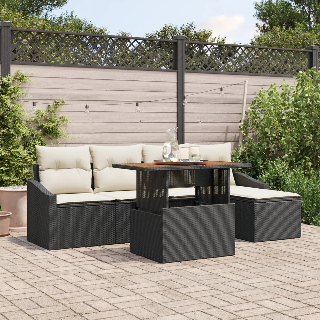 Conjunto de Sofás Jardim de 6 Peças com Almofadas Preto Polirattan