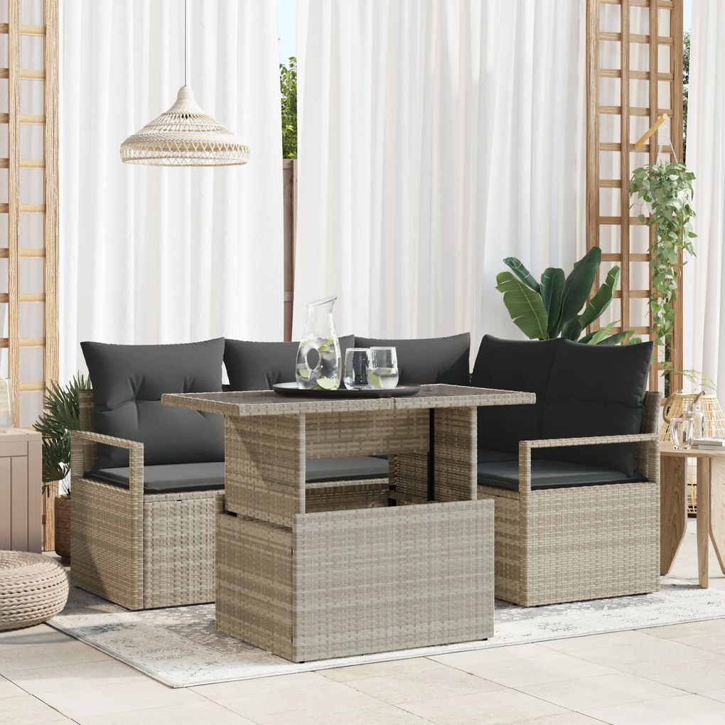 Conjunto de Sofá de Jardim vidaXL de 5 Peças com Almofadas Cinzento Claro em Rattan Poliéster