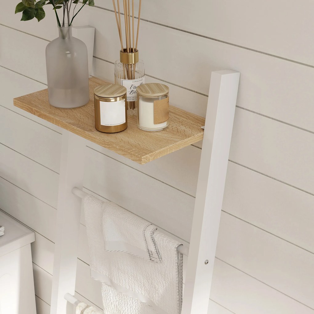 Toalheiro de Escada com Prateleira Superior e 4 Barras Suporte de Toalhas para Encostar na Parede  43x20x151 cm Branco e Carvalho