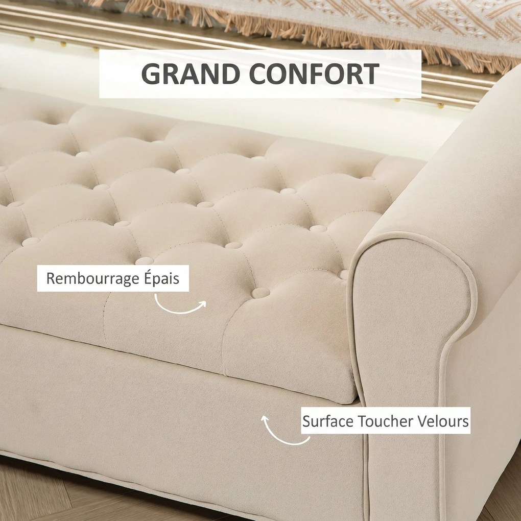 Banco para o Fundo da Cama com Arrumação, 126 x 48,5 x 57 cm, Design Capitonado, Bege