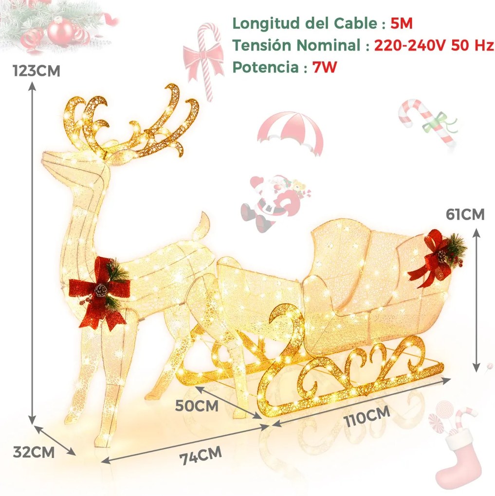 Conjunto de Rena e Trenó do Pai Natal, 50 x 184 x 123 cm, Pré-iluminado com 215 Luzes LED, Branco