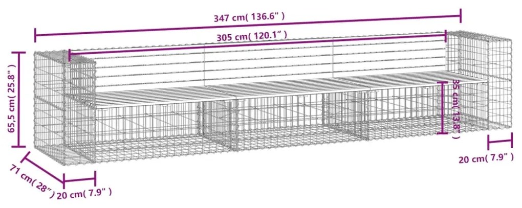 Banco de jardim c/ design gabião 347x71x65,5 cm pinho maciço