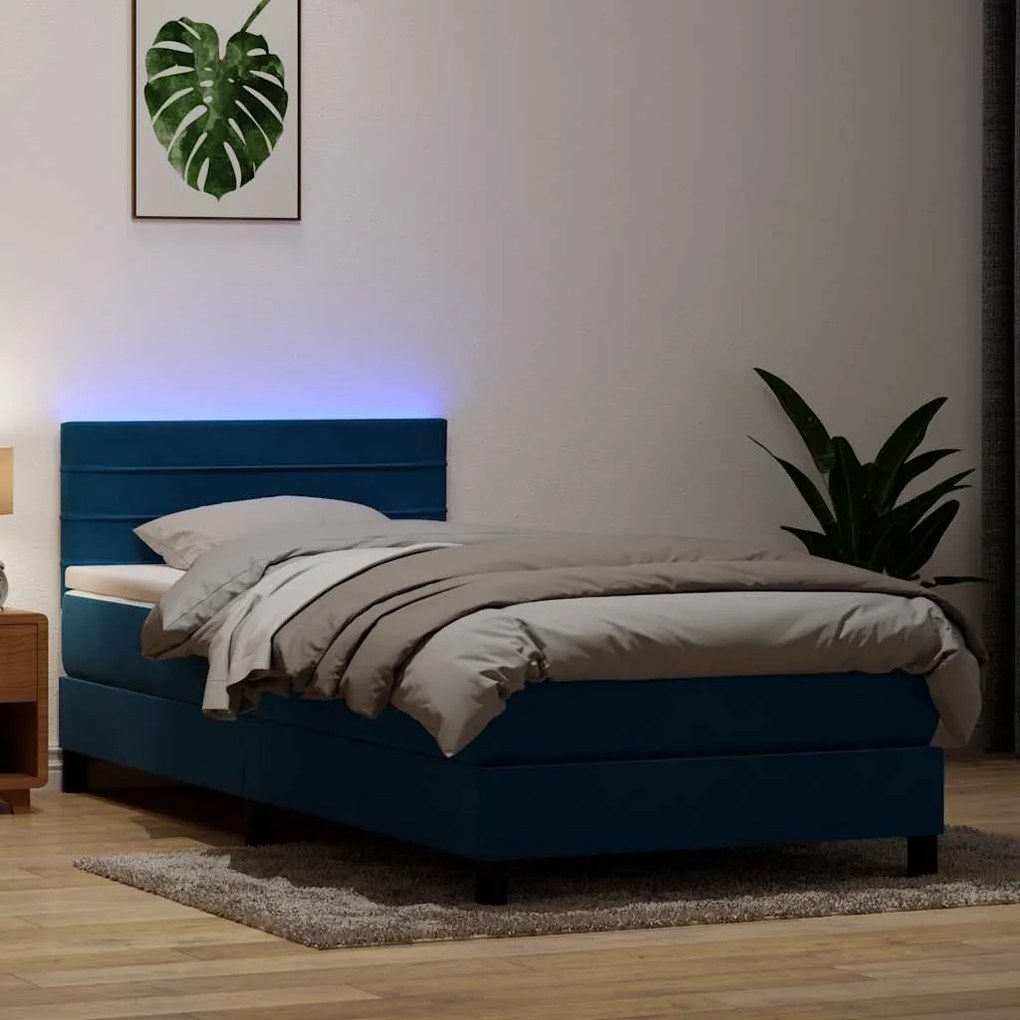 vidaXL Cama box spring c/ colchão e LED 90x220 cm veludo azul-escuro