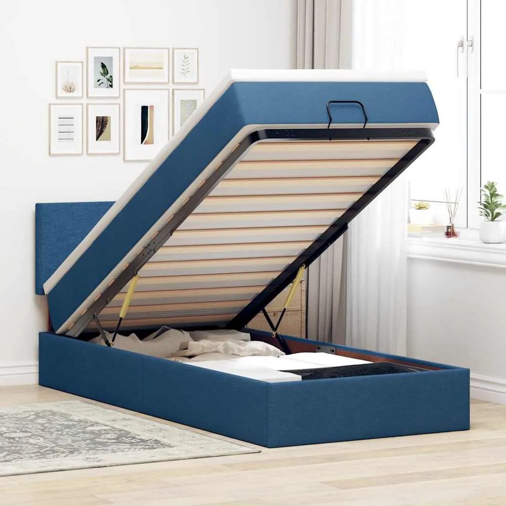 Cama Otomana com Colchão & LEDs Tecido Azul 90x200 cm