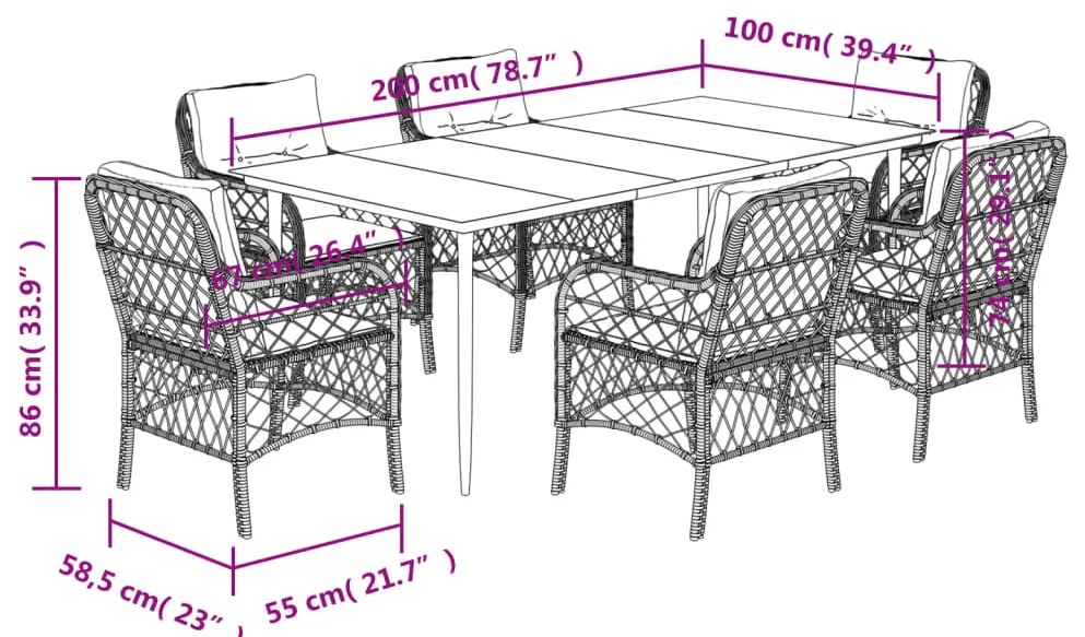 7 pcs conjunto de jantar p/ jardim c/ almofadões vime PE cinza