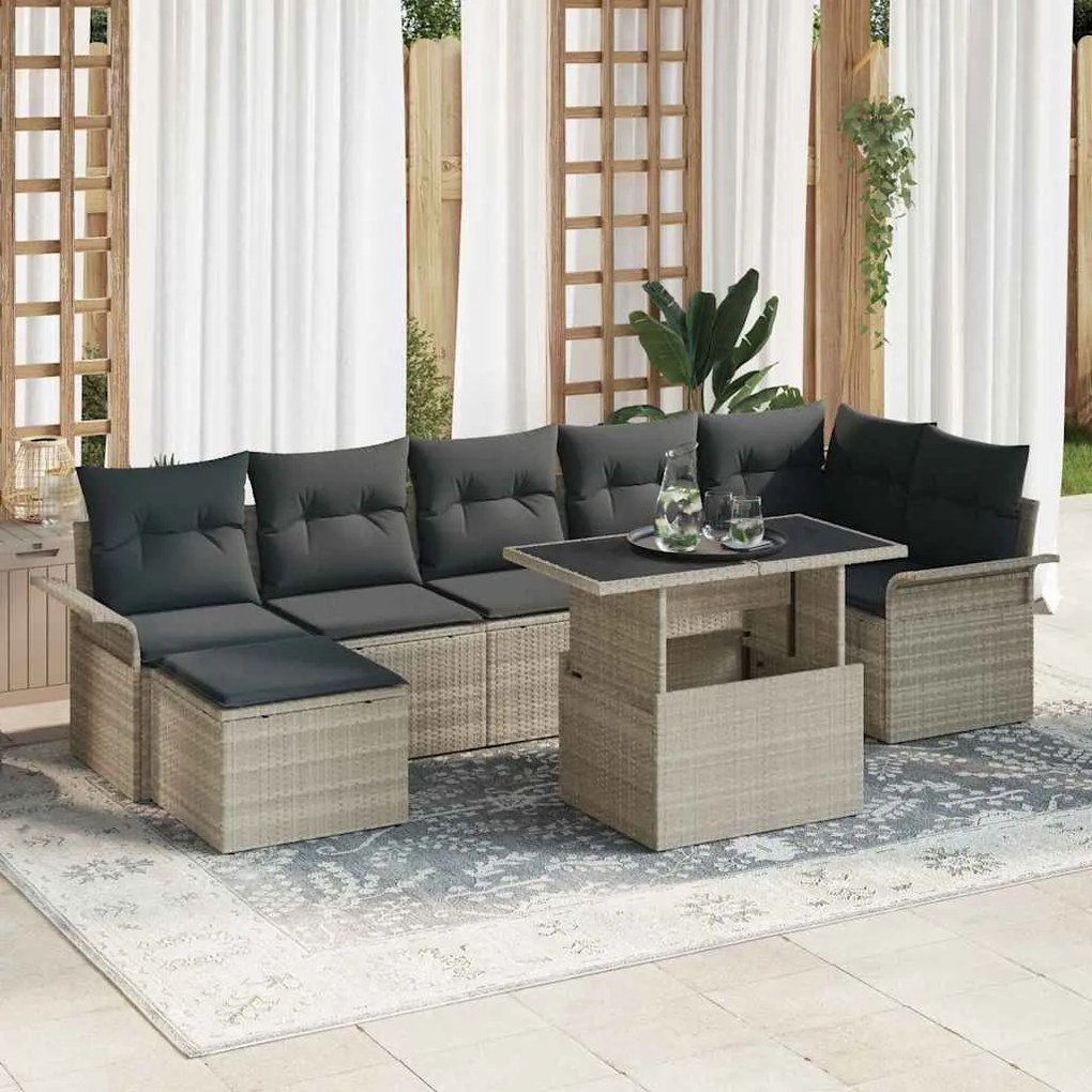 vidaXL Conjunto de Sofás de Jardim de 8 Peças com Almofadas Cinza Claro em Poliéster Rattan