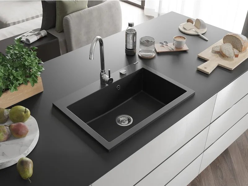 Mexen Elix lava-louça de granito de 1 bacia 700 x 500 mm, preto, sifão cromado - 6526701005-77