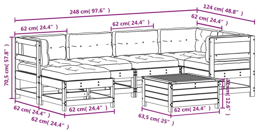 7 pcs conjunto lounge de jardim c/ almofadões pinho impregnado
