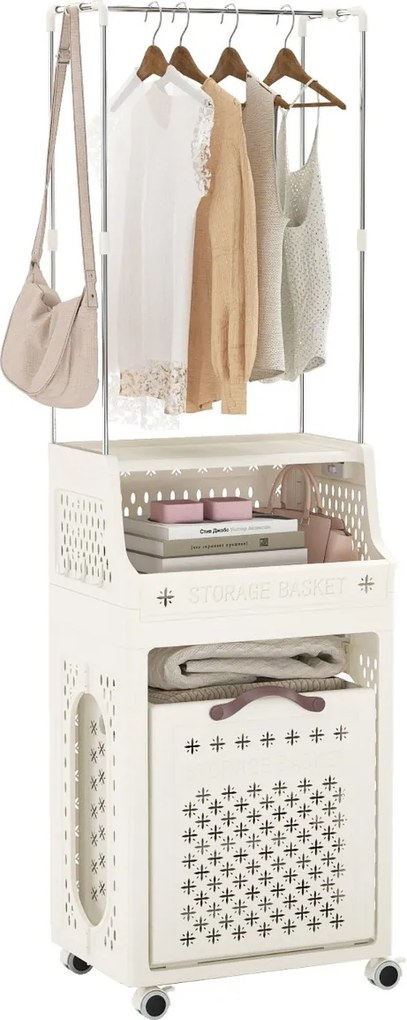 Cesto de roupa suja 40 x 29,5 x 136 cm com rodas e cabide dobrável de plástico multicamadas com cabide bege